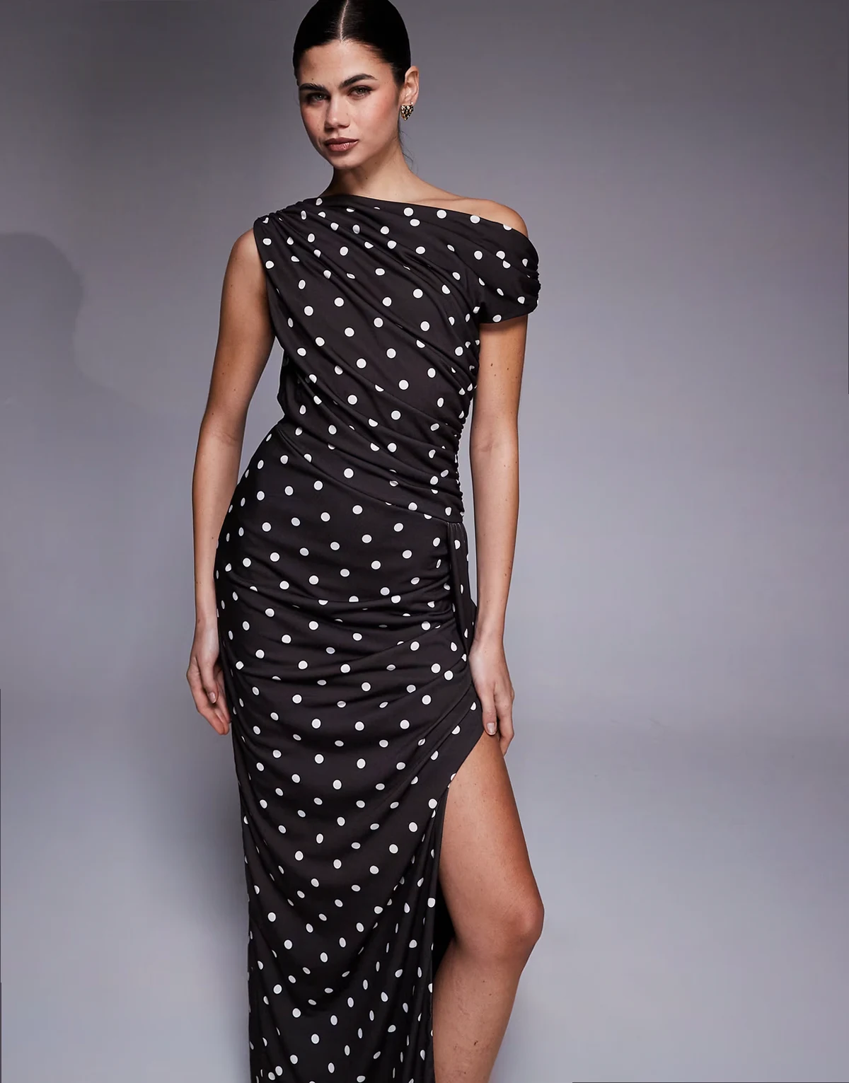 one off-shoulder maxi dress in chocolate polka dot