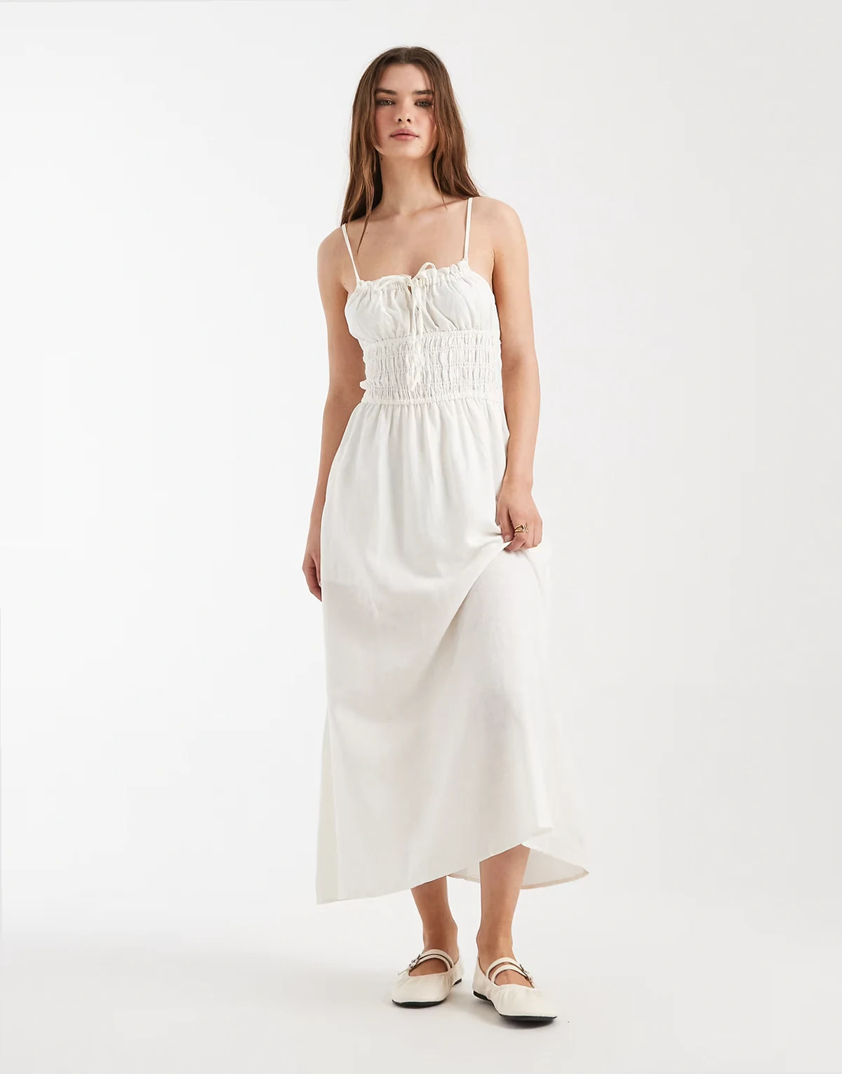 haven linen blend strappy midi dress in coconut
