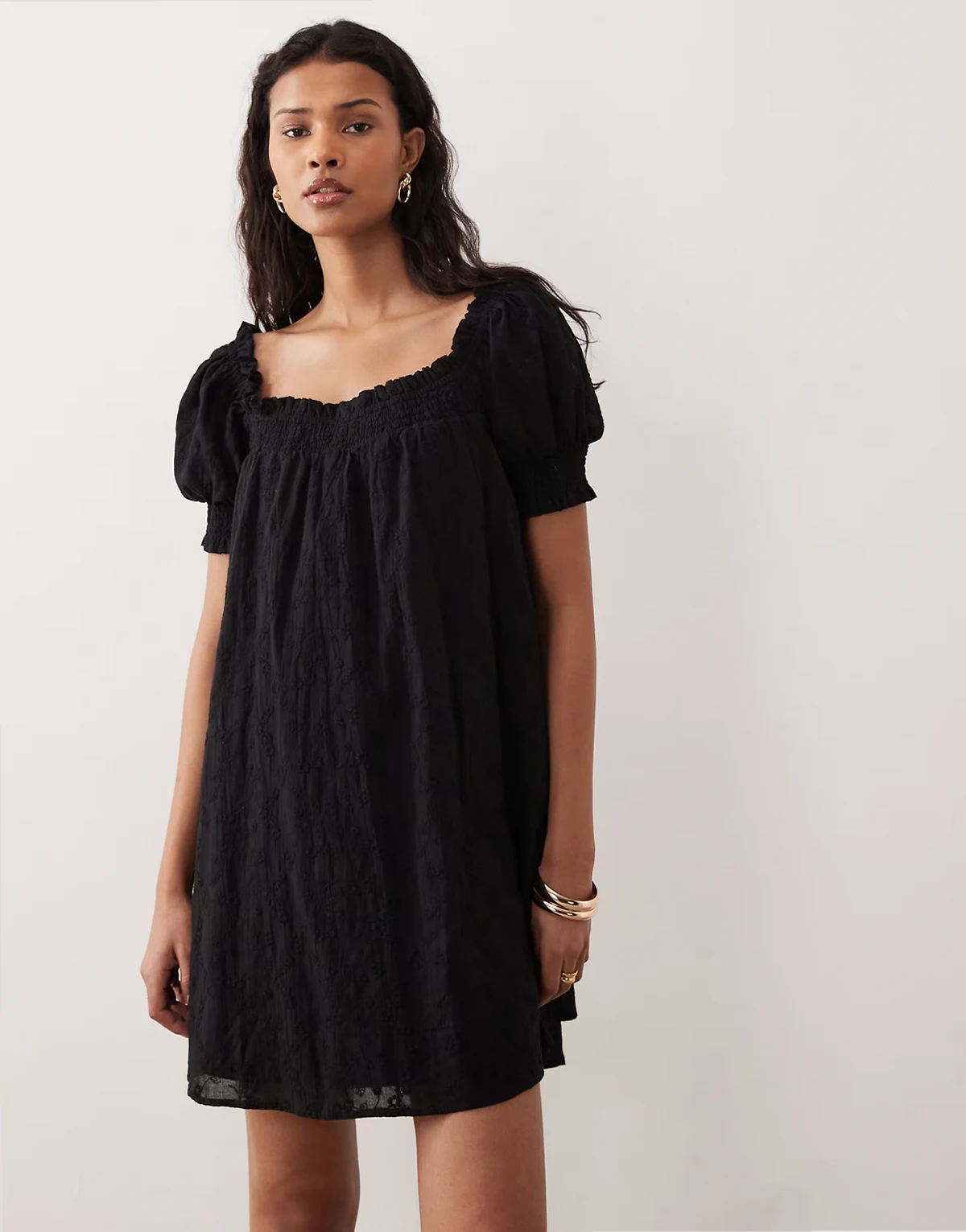 Malta short sleeve eyelet babydoll mini dress in black