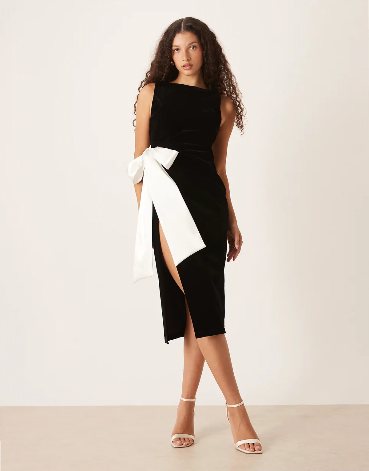 midi dress with contrast satin bow in black