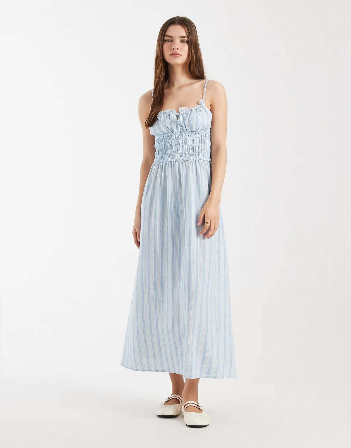 haven linen blend strappy midi dress in amy blue stripes