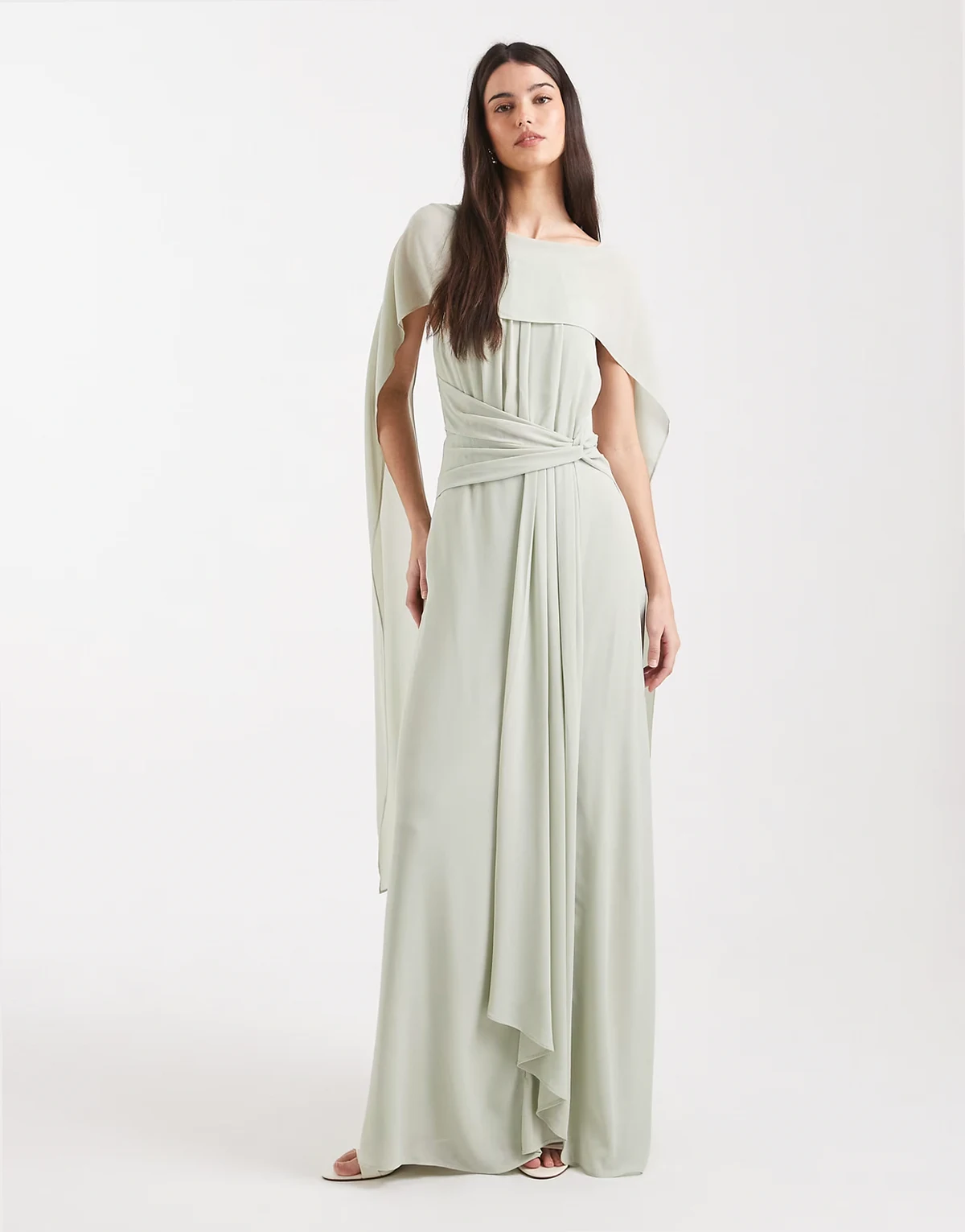 Bridesmaid chiffon cape twist detail maxi dress in sage green
