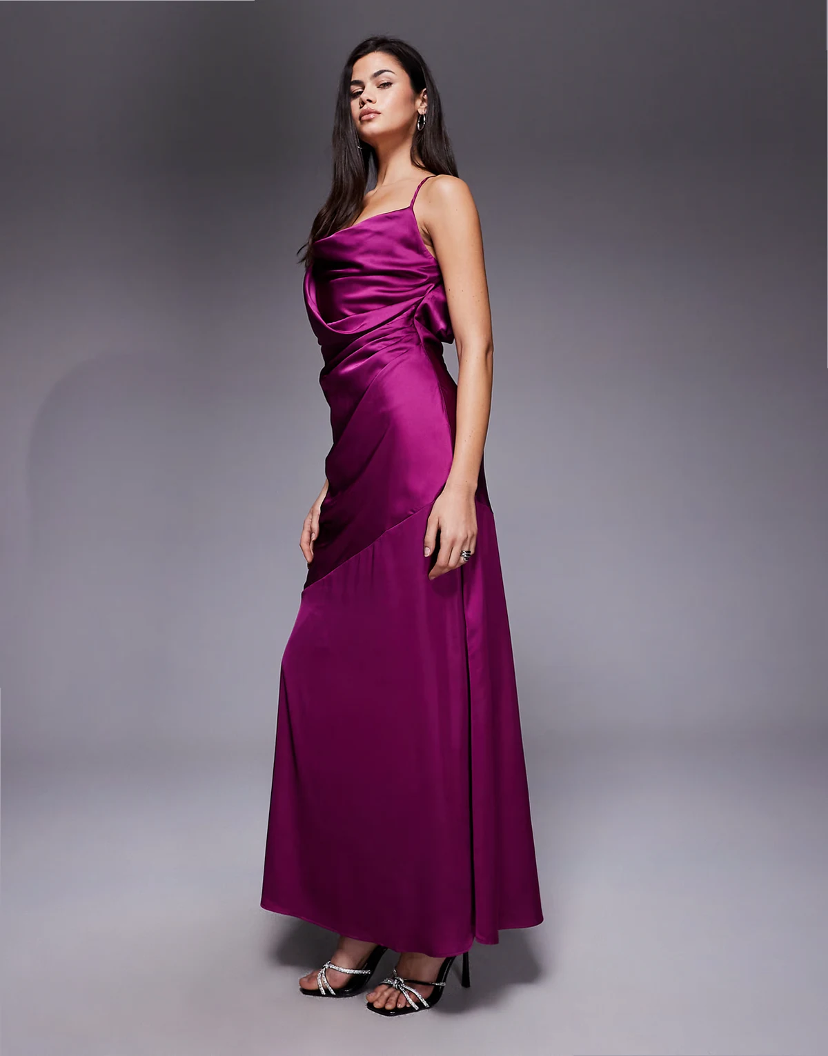 satin draped neck cross back maxi dress in plum