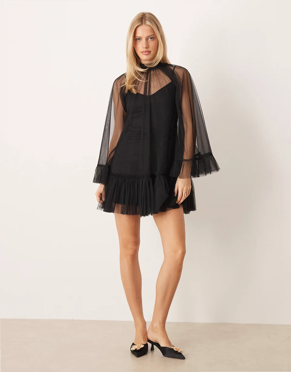 high neck sheer sleeves mini dress in black