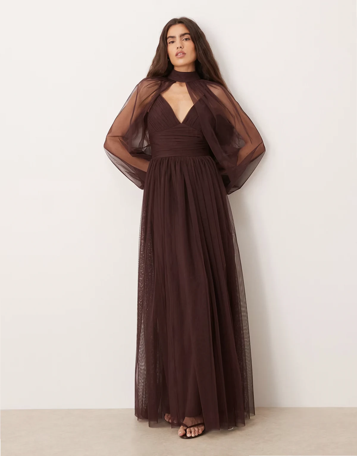 tulle detachable sheer balloon sleeves maxi dress in chocolate