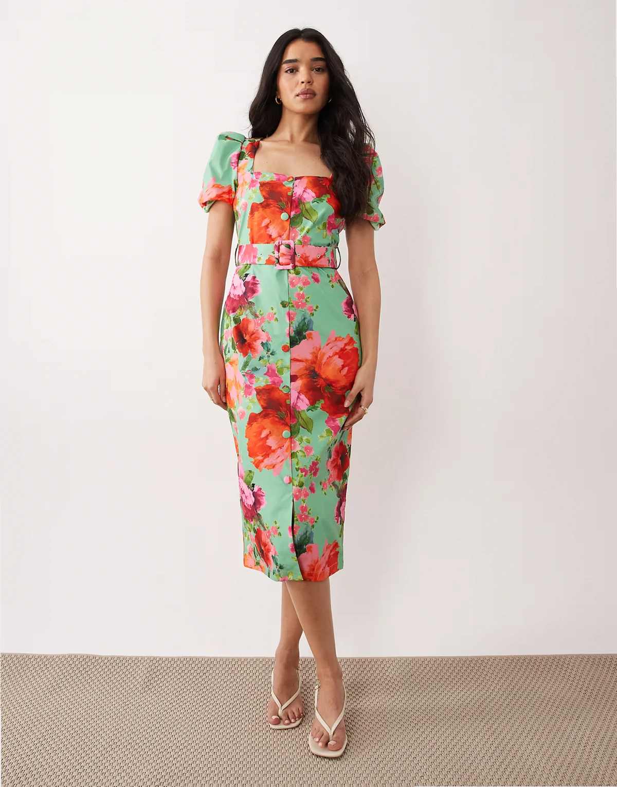 stretch square neck belted midi dress in green floral