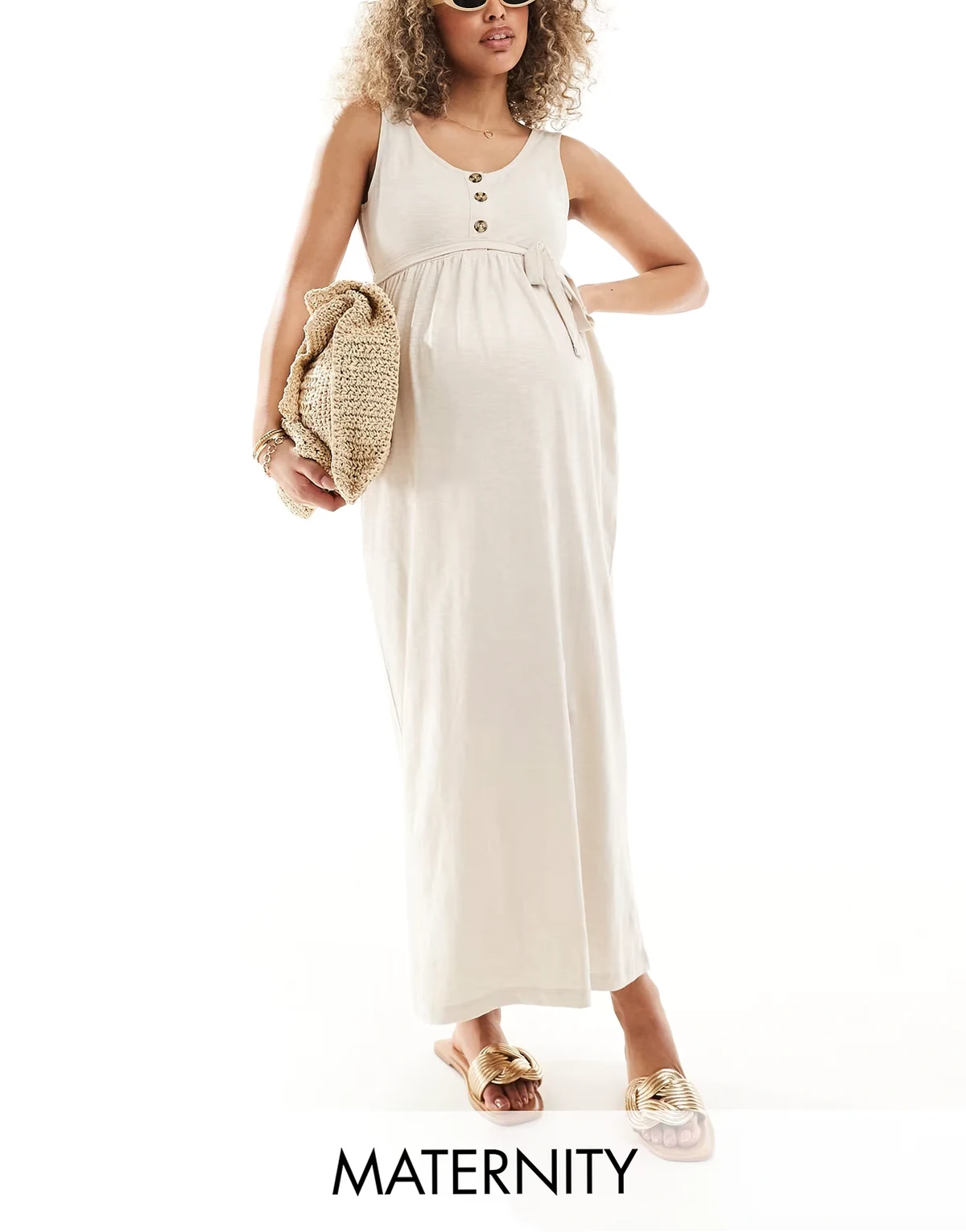 Mamalicious Maternity – Langes Sommerkleid in Creme mit Knopfleiste und zwei Stillfunktionen