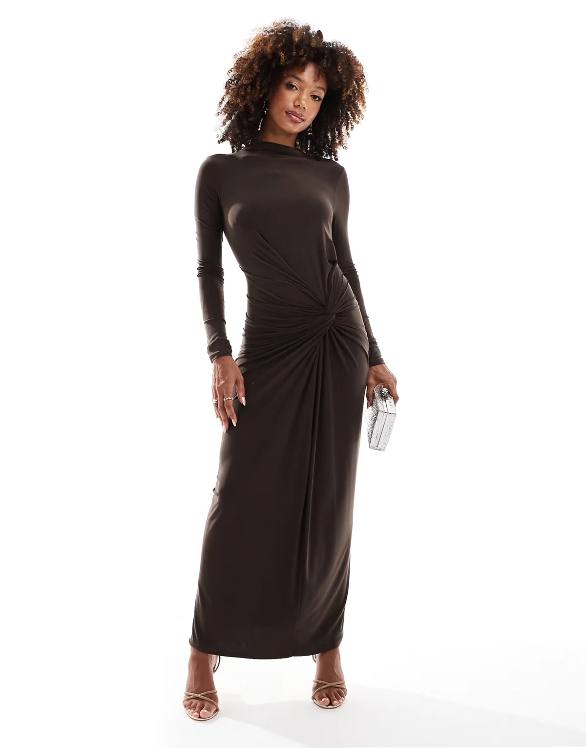 exclusive high neck maxi dress in chocolate brown