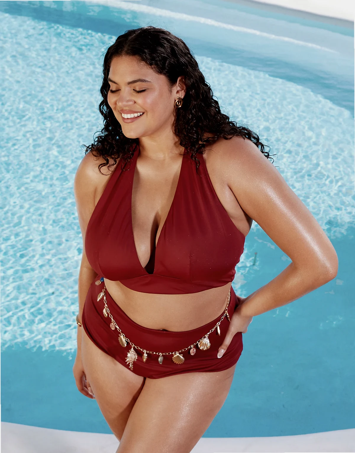 ASOS DESIGN Curve Maya mix and match sleek halter bikini top in burgundy