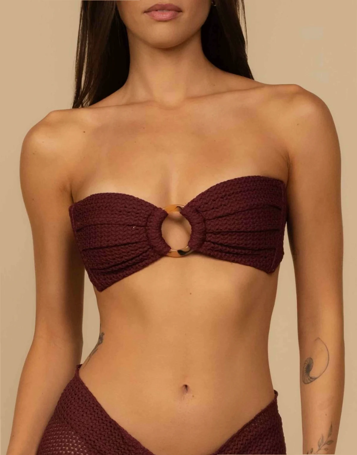 tori ties bandeau bikini top in maroon crochet