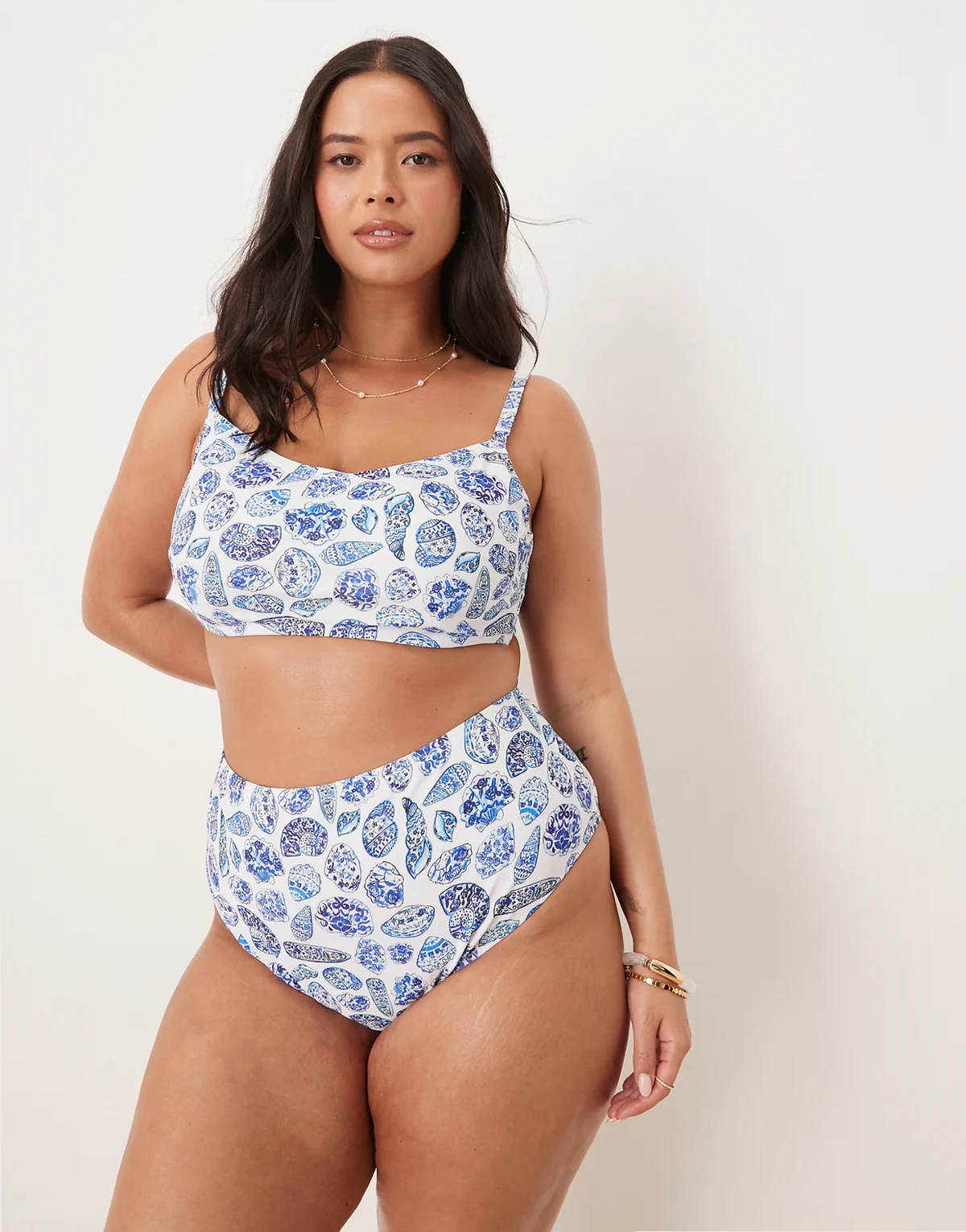 ASOS DESIGN Curve Shelina high leg high waist bikini bottom in shell print