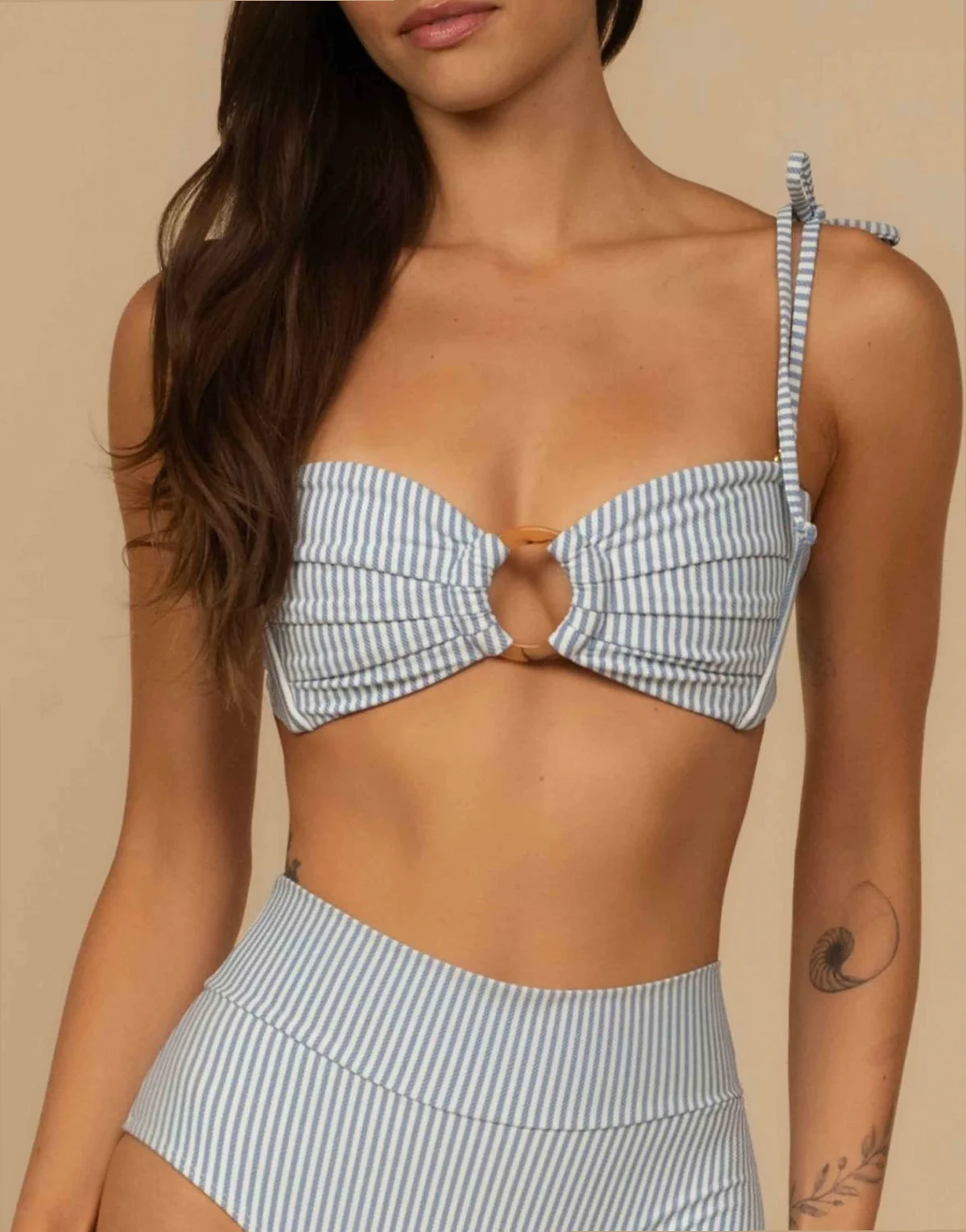 tori ties bandeau bikini top in classic blue stripe