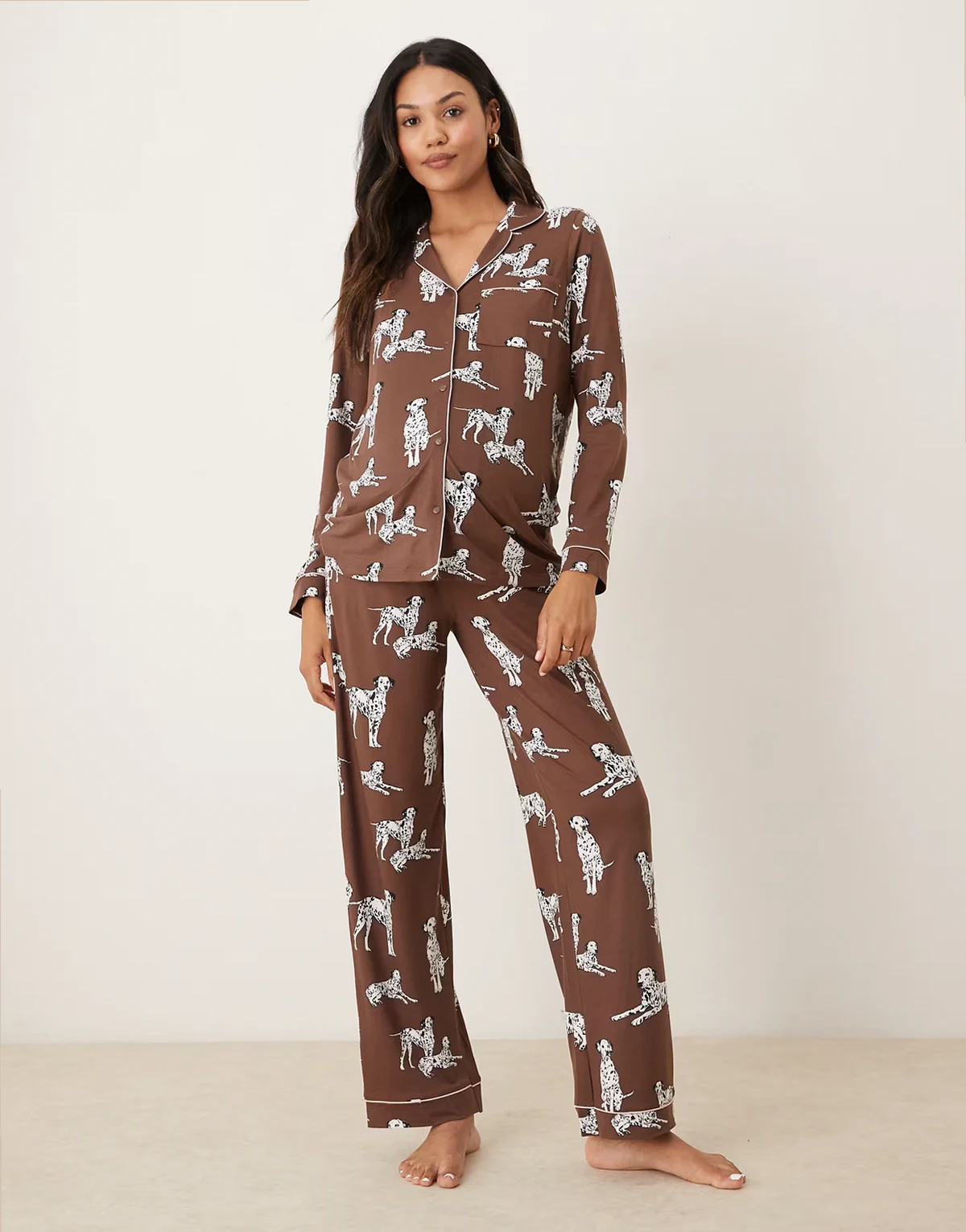 Exclusive Maternity Dalmation long sleeve revere top & pants pajama set in chocolate brown