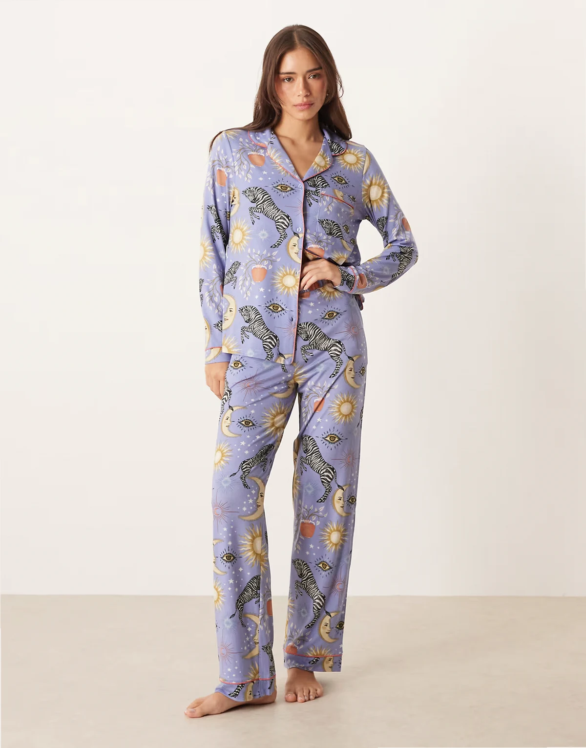 Exclusive long sleeve shirt and pants set in lilac celestial print