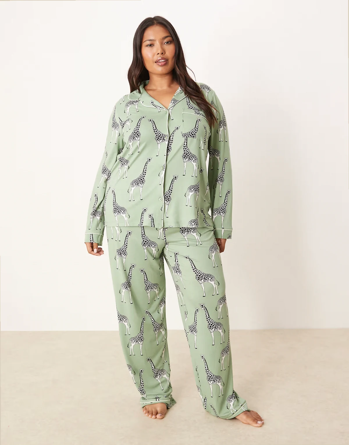 Exclusive Curve long sleeve revere & pant pajama set in sage green giraffe print