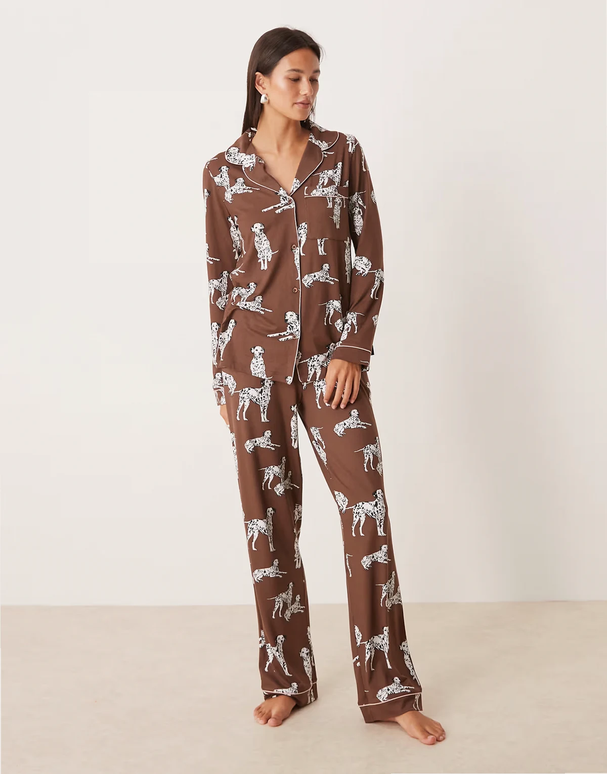 Exclusive Dalmation long sleeve revere top & pant pajama set in chocolate browns
