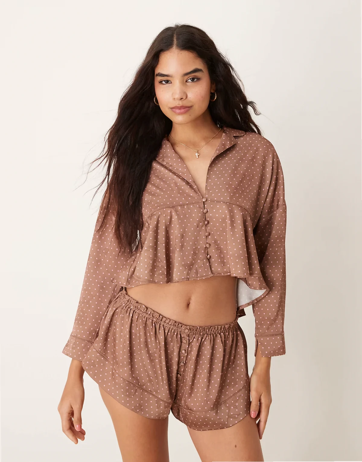 polka dot satin pajama set in brown