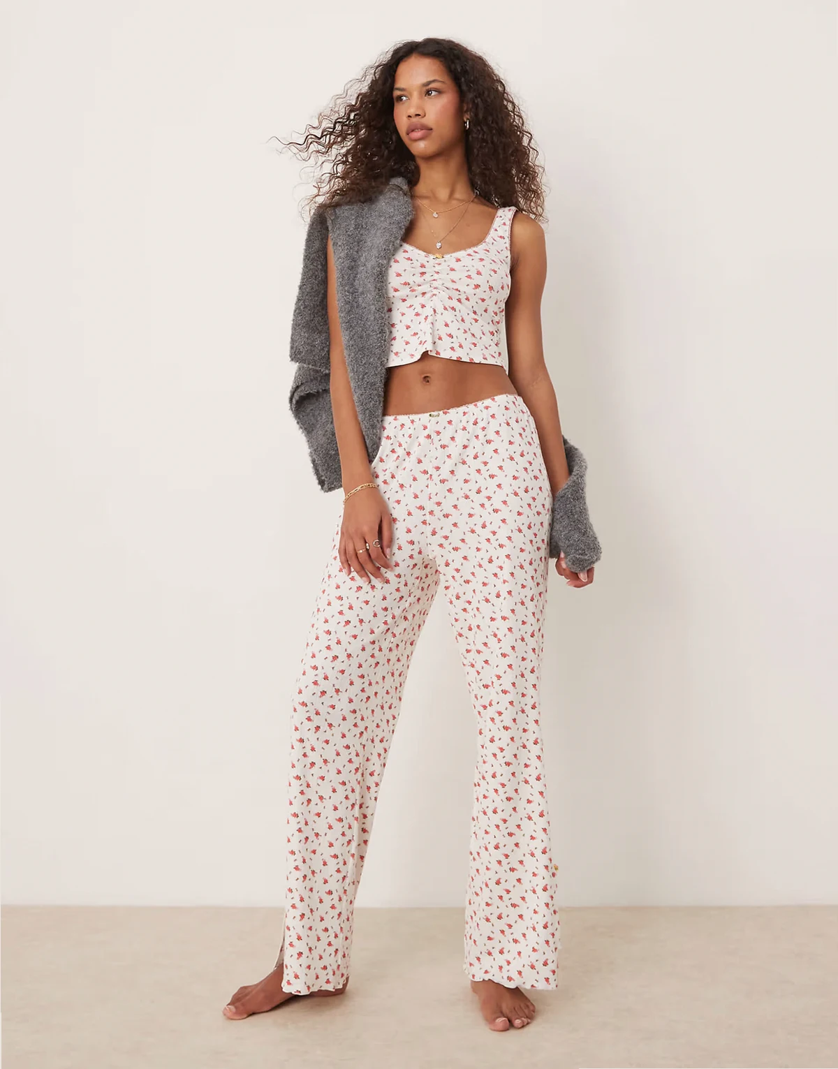 chintz floral pajama set in red and white