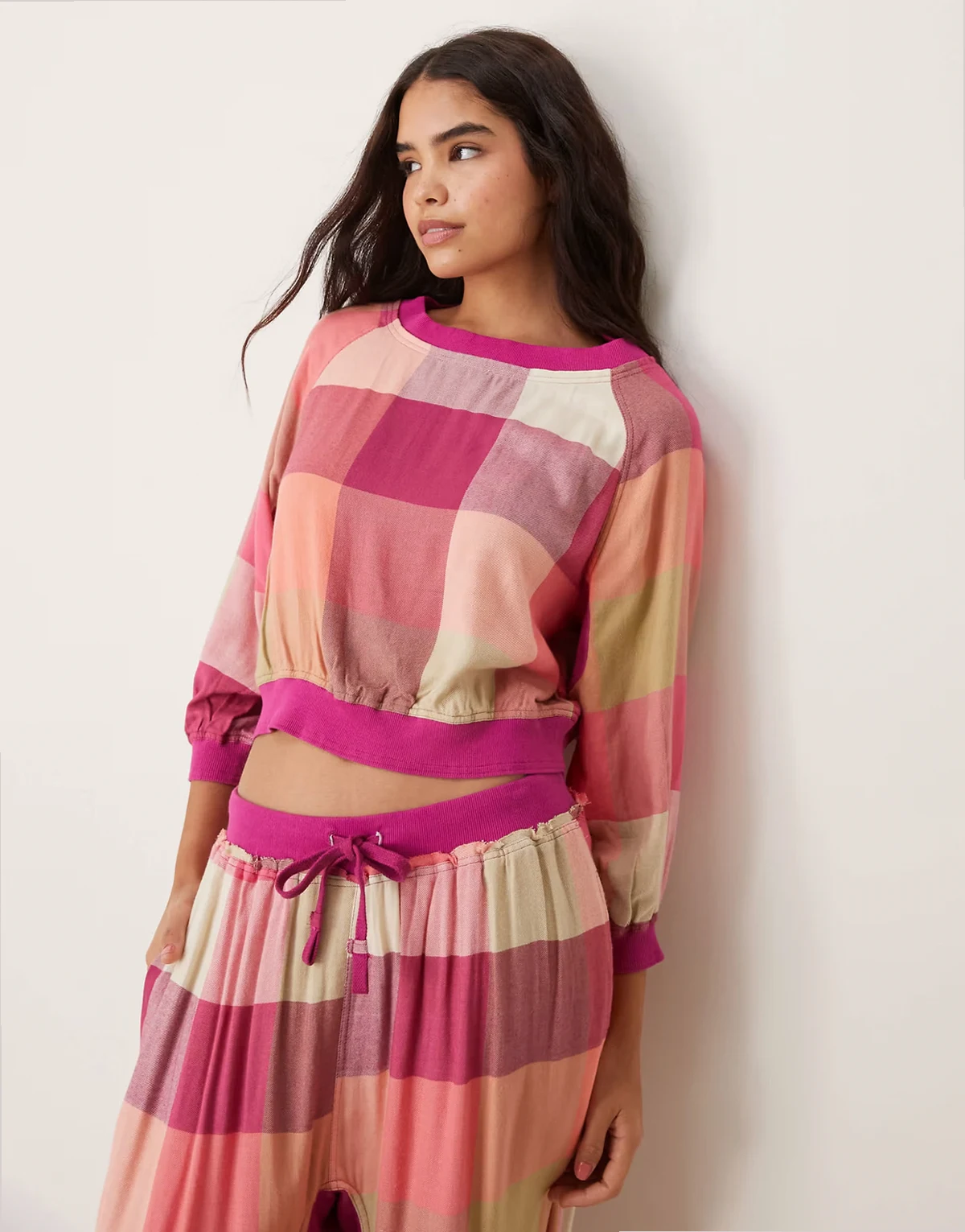plaid flannel pajama top in pink multi - part of a set