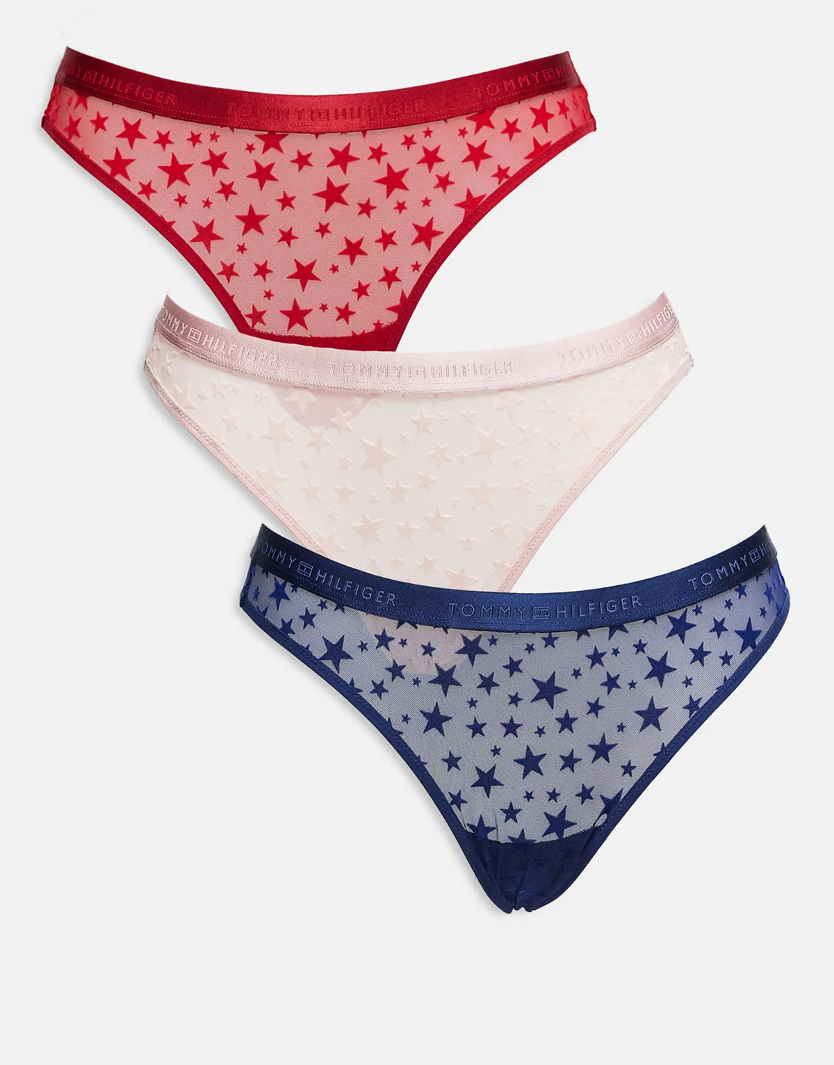 – 3er-Pack Tangas aus Netzstoff in Blau, Rosa und Rot mit Sternenmuster