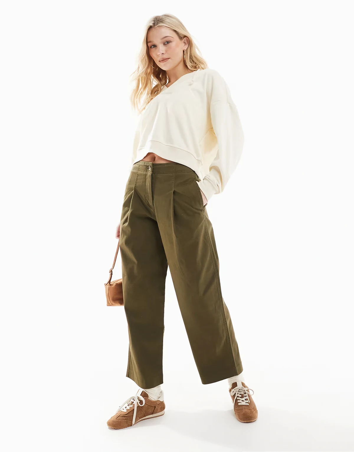 – Barrel-Chinohose in Khaki mit schlichtem Bund