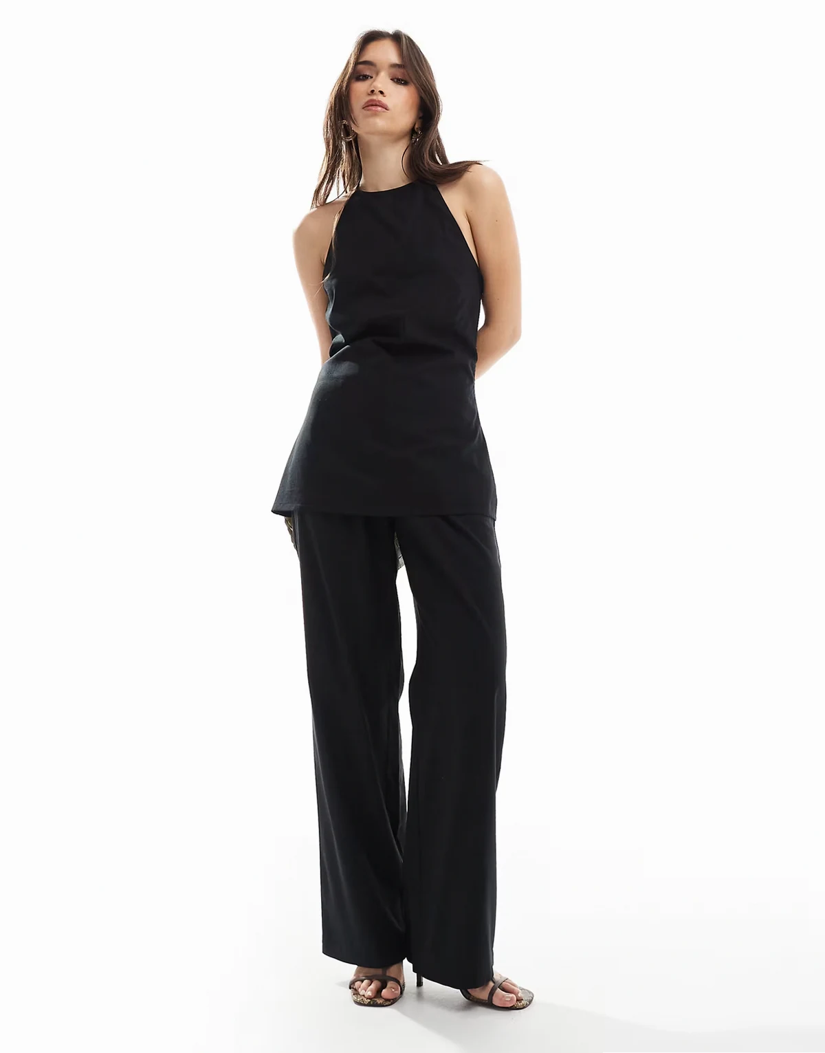linen blend wide leg tailored pants in black - part of a set