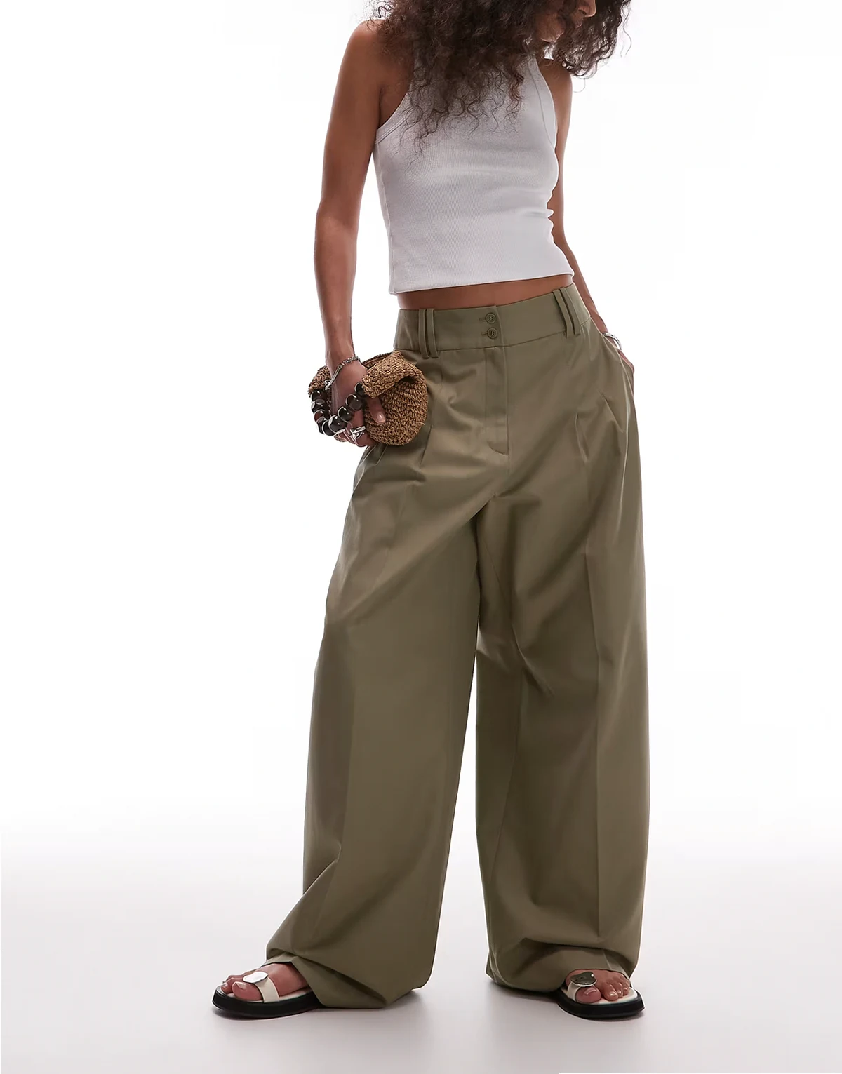 – Elegante Hose in Khaki mit weitem, lockerem Bein und Bundfalten