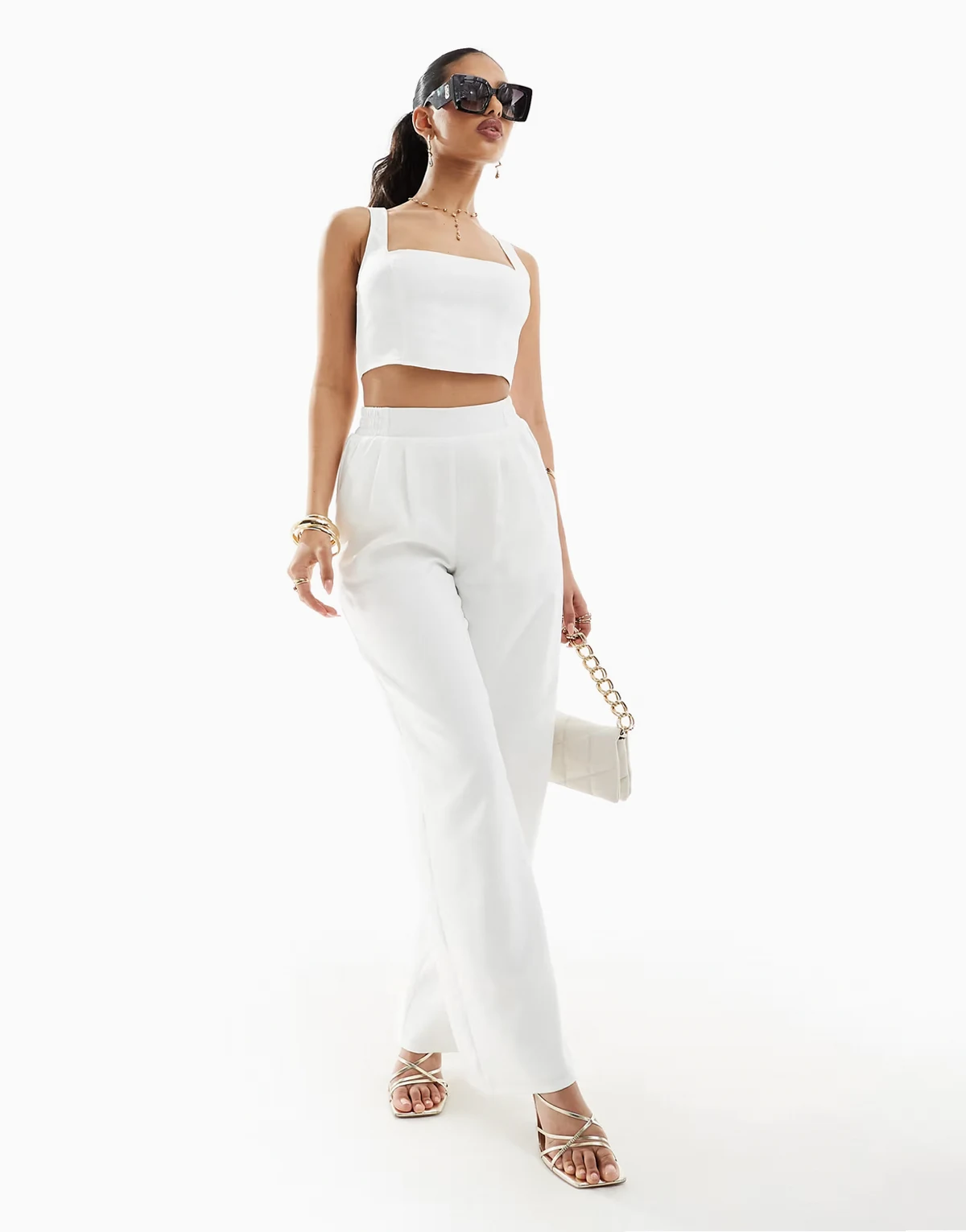 Exclusive tailored wide leg pants with elasticized waist in white - part of a set