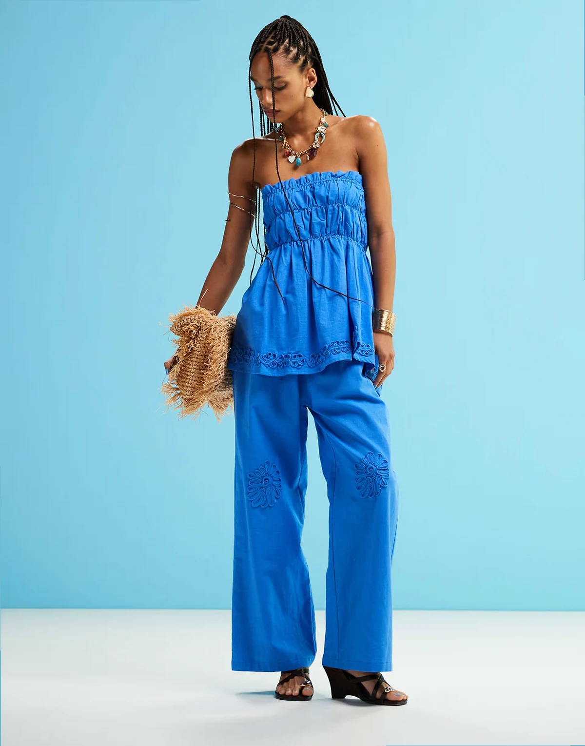 linen blend poplin flower applique wide leg pants in bright blue