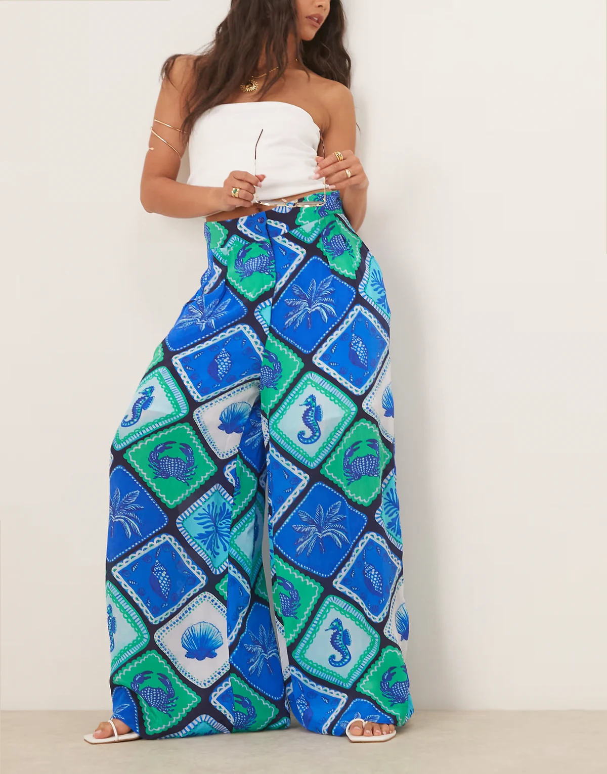 high waist palazzo pants in blue shell print