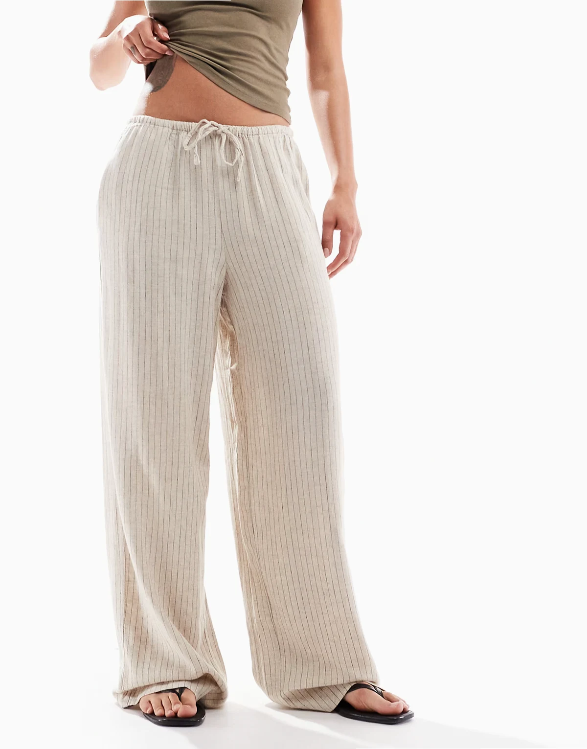 linen blend pants in beige stripe