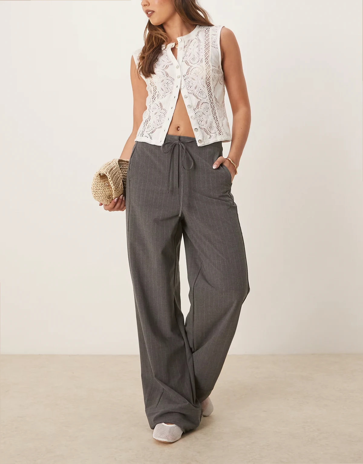 straight leg pinstripe pants with draw string waist in gray