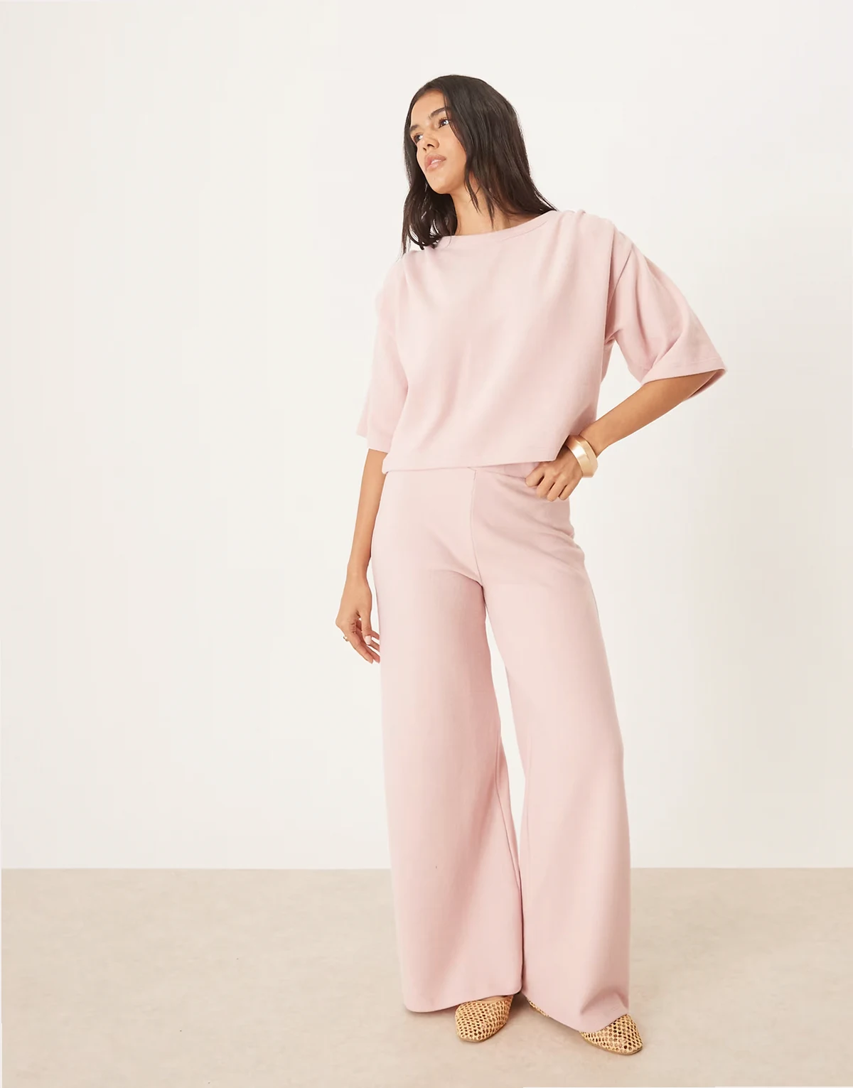 – Superweiche Hose in Hellrosa mit weitem Bein, Kombiteil