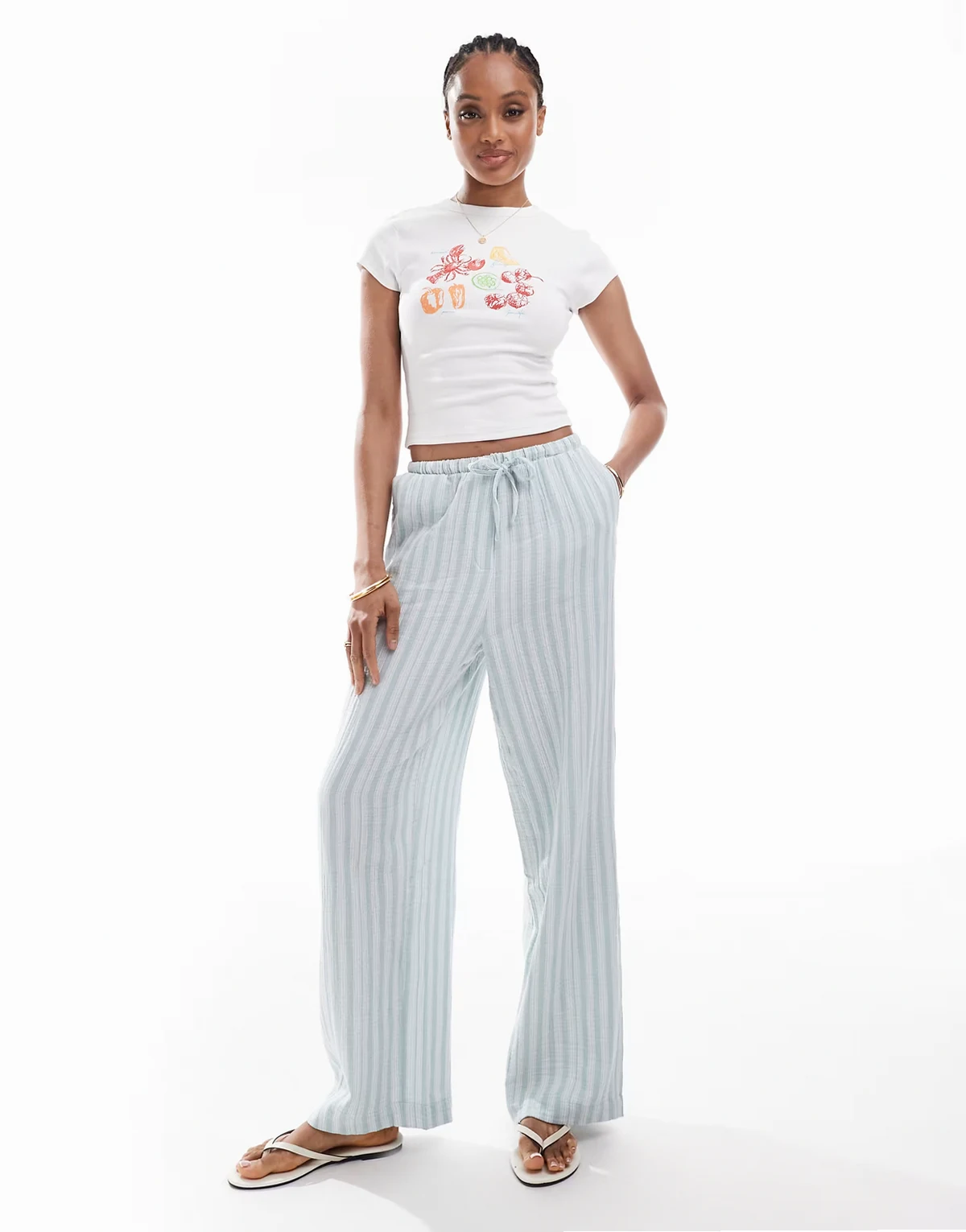 cotton wide leg pants in green stripe