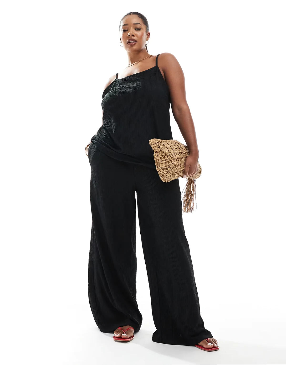 textured wide leg pants in black - part of a set