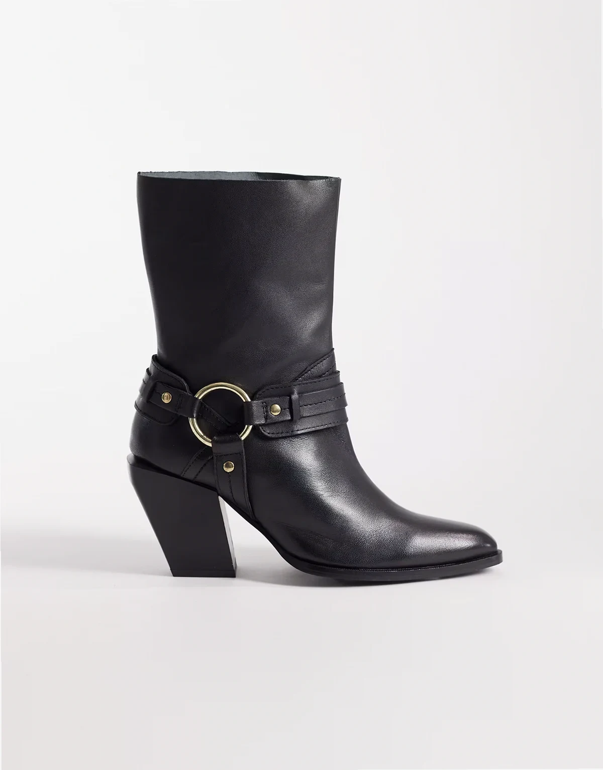 – Elena – Ankle-Boots im Western-Design aus Leder in Schwarz mit Riemen-Auflage