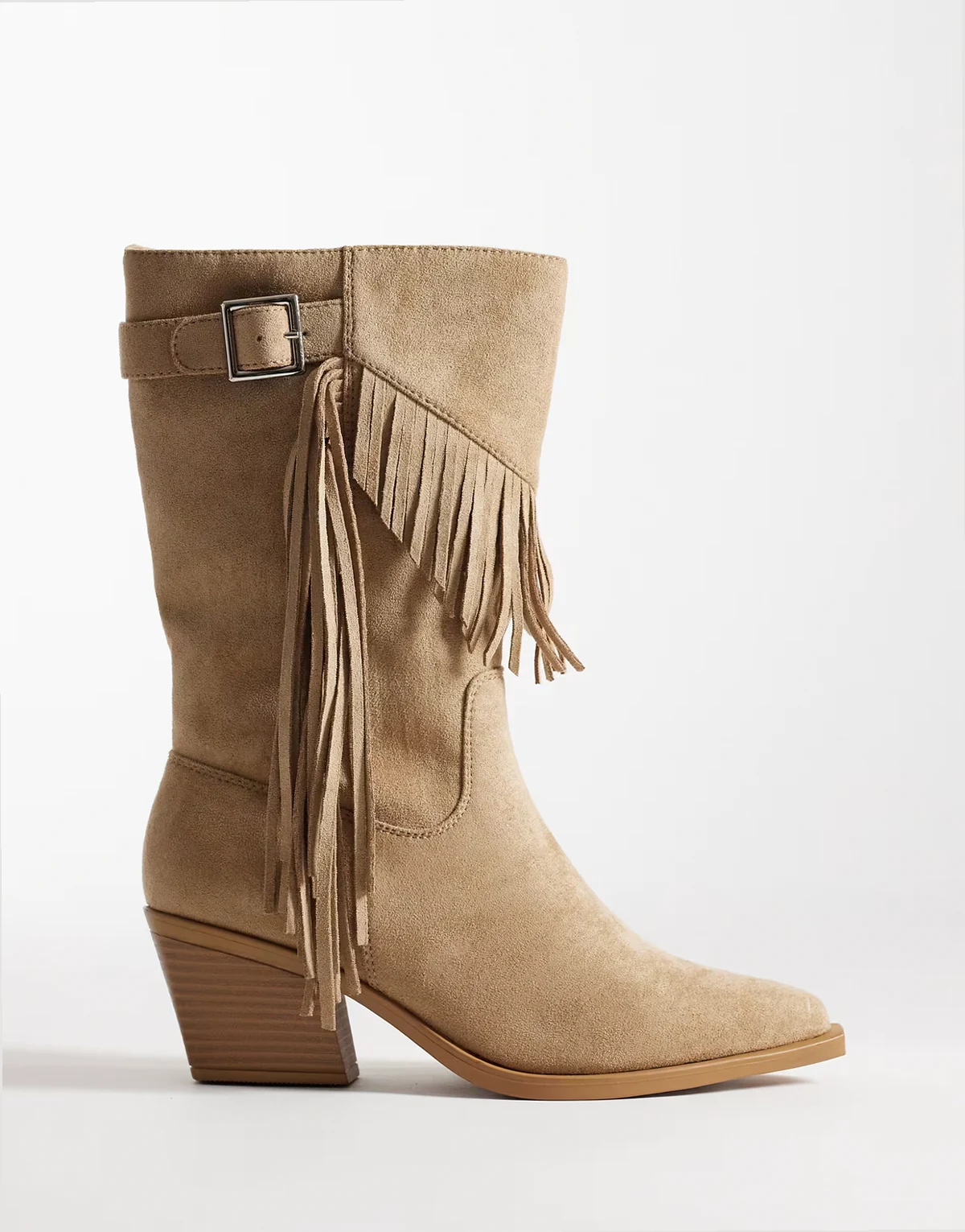 Western Knee Boots with buckle and fringing in sand micro