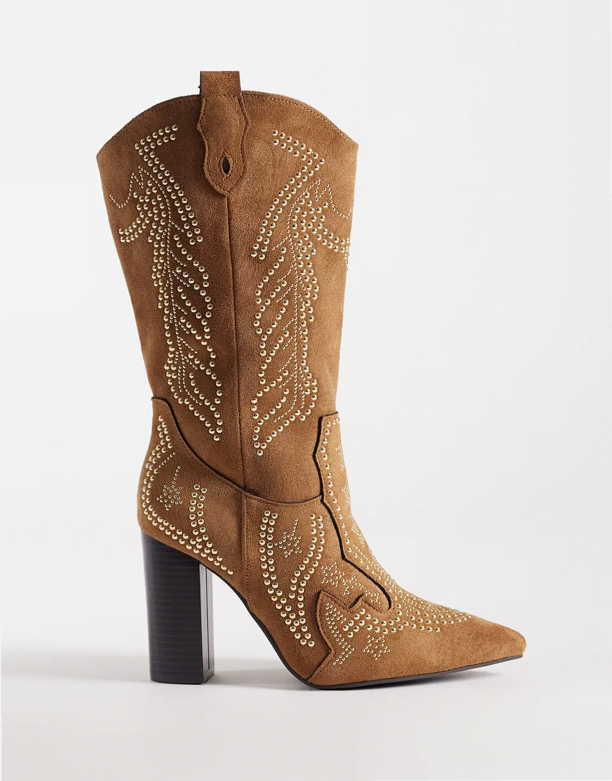 – Verzierte, kniehohe Westernstiefel in Hellbraun mit Mikrostruktur