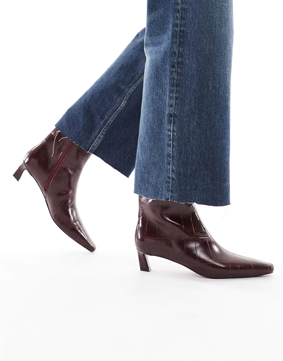 Bexley pointed toe kitten heel ankle boots in burgundy croc