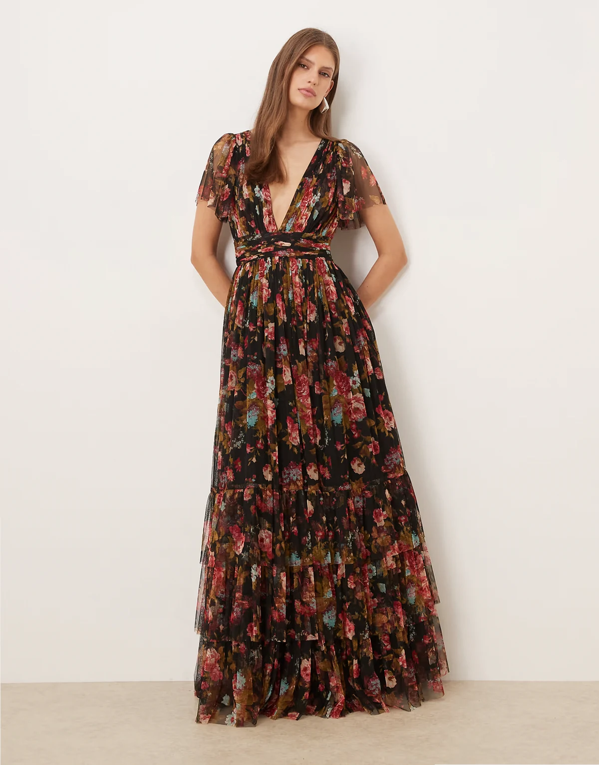 tulle flutter sleeve deep v maxi dress in black floral print