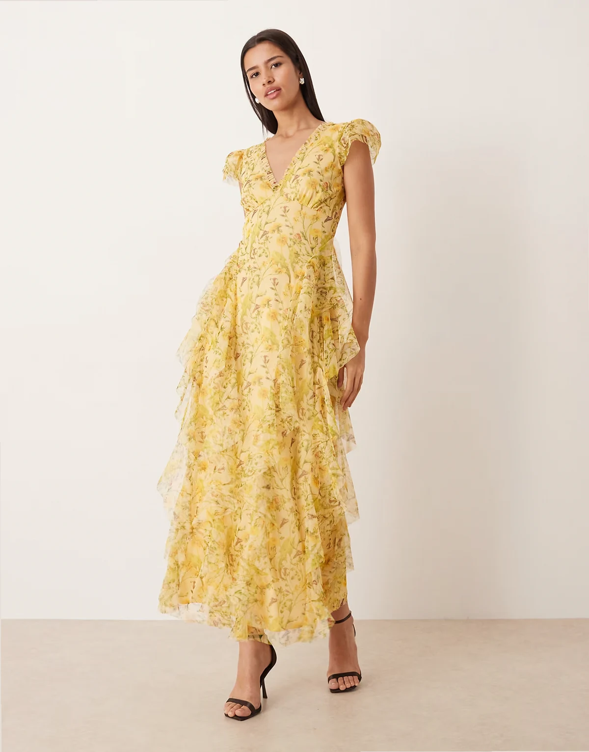 Melody tulle v-neck ruffle frill detailing maxi dress in yellow floral