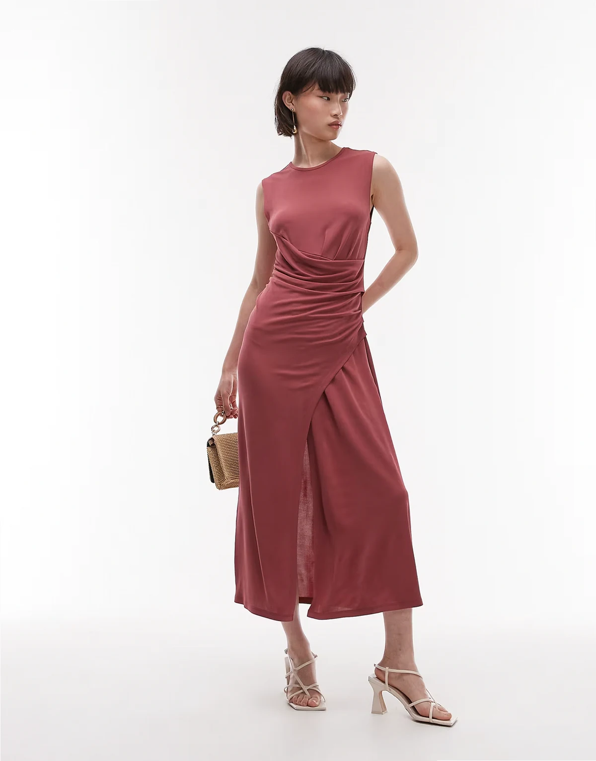 jersey midaxi dress with drape detail and asymmetric wrap front in pomegranate berry red