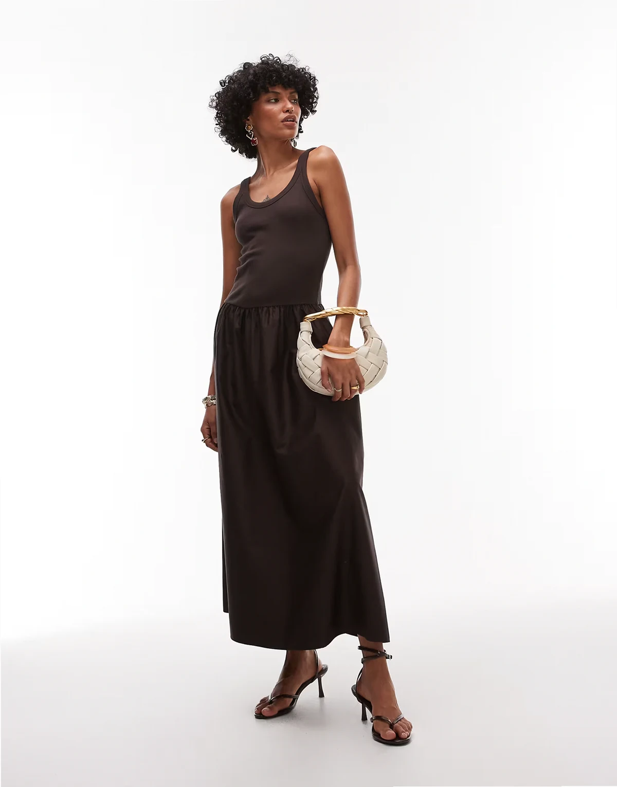mixed jersey and woven maxi dress with volume hem in dark brown