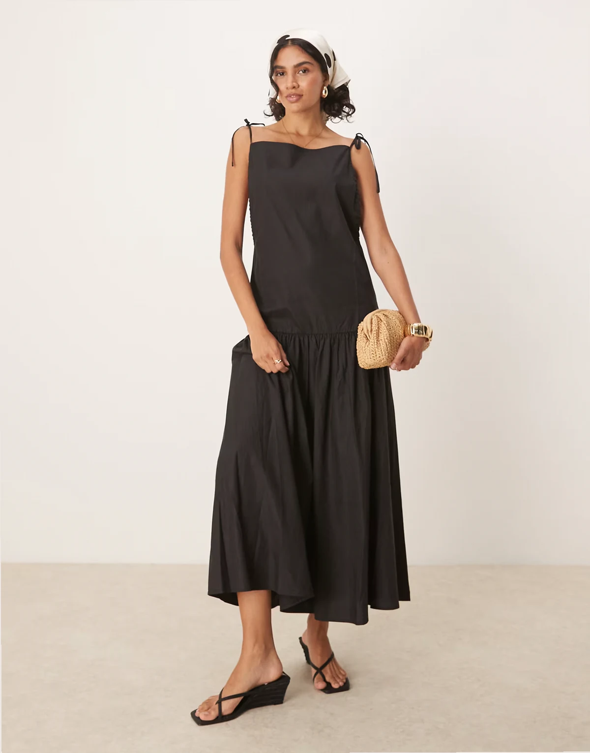 bow shoulders midaxi dress in black
