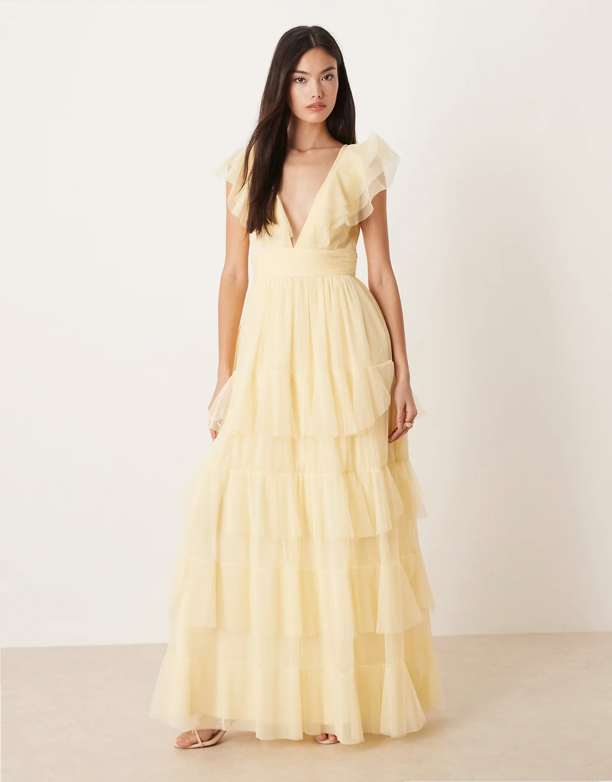 tulle flutter sleeve tiered frill maxi dress in lemon
