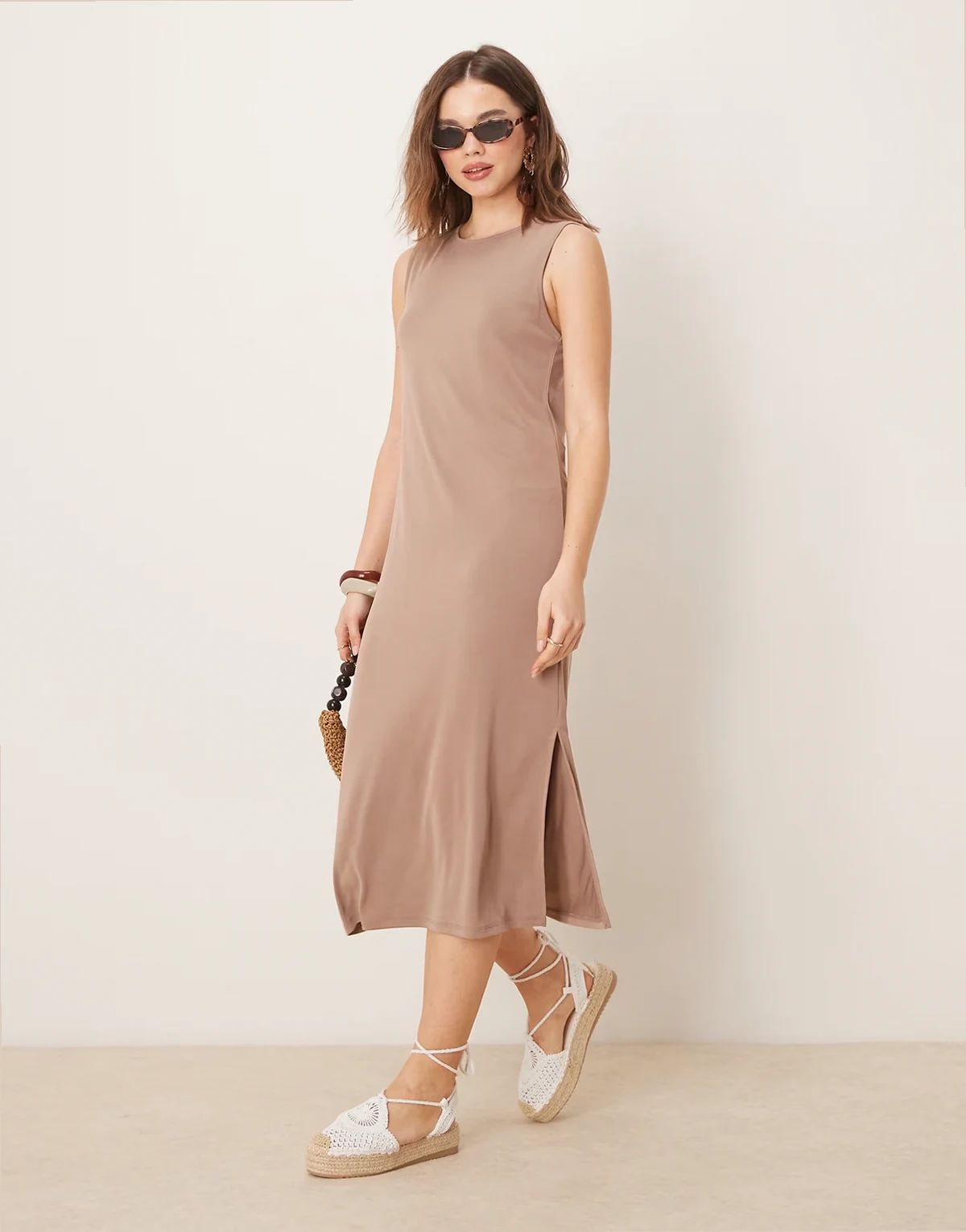 sleeveless jersey midi dress in camel