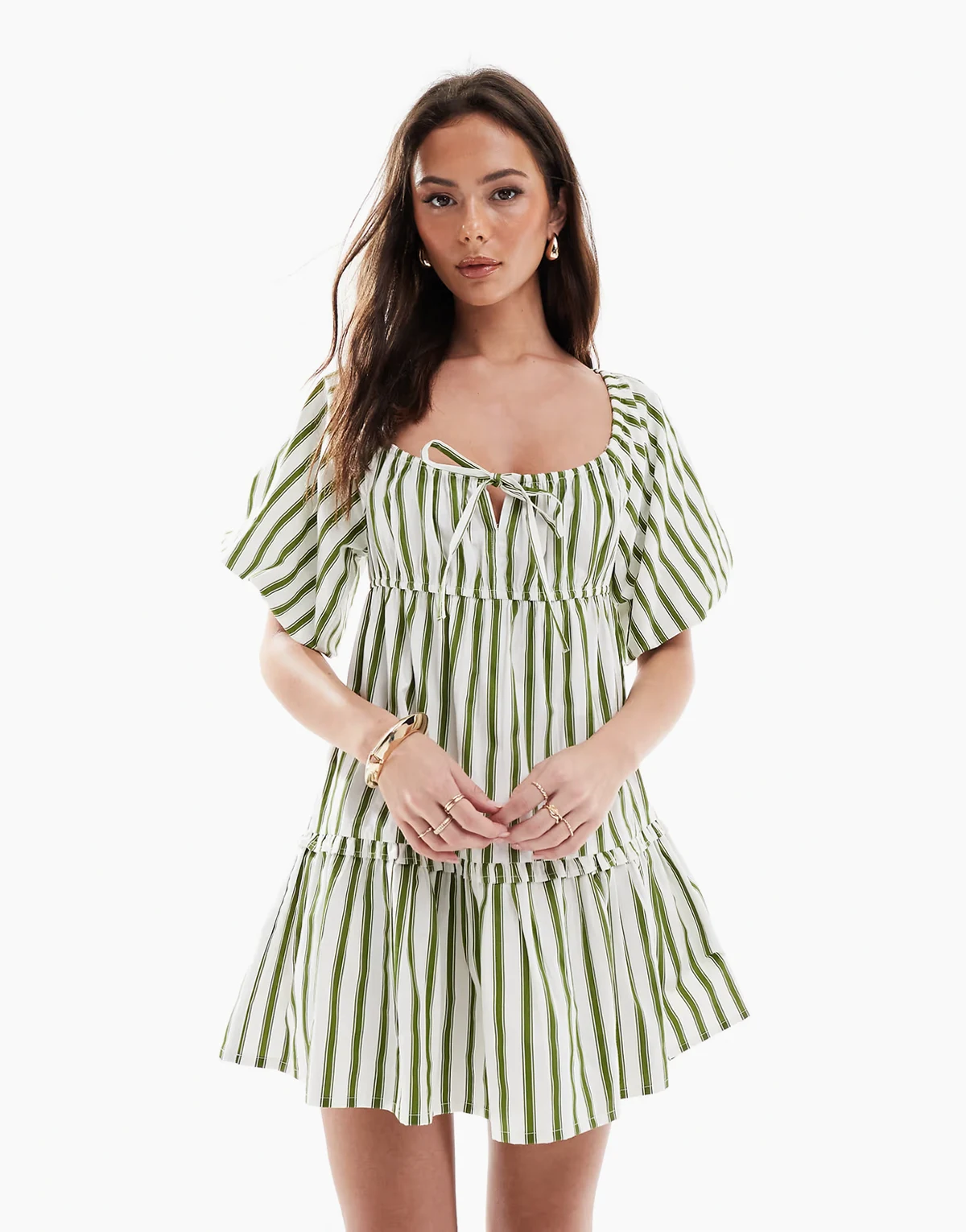 striped mini smock dress in green and white
