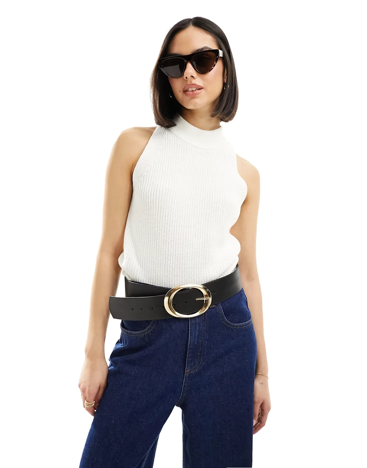 knit halterneck tank top in white