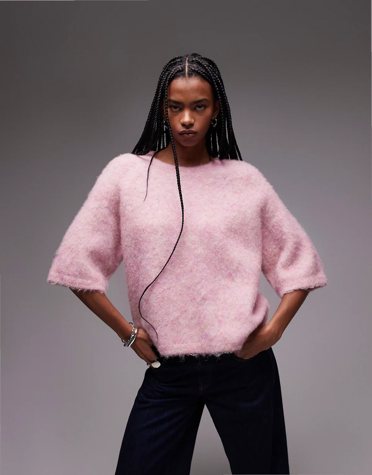 – Kurzärmliger Strickpullover in Rosa aus Alpakawolle