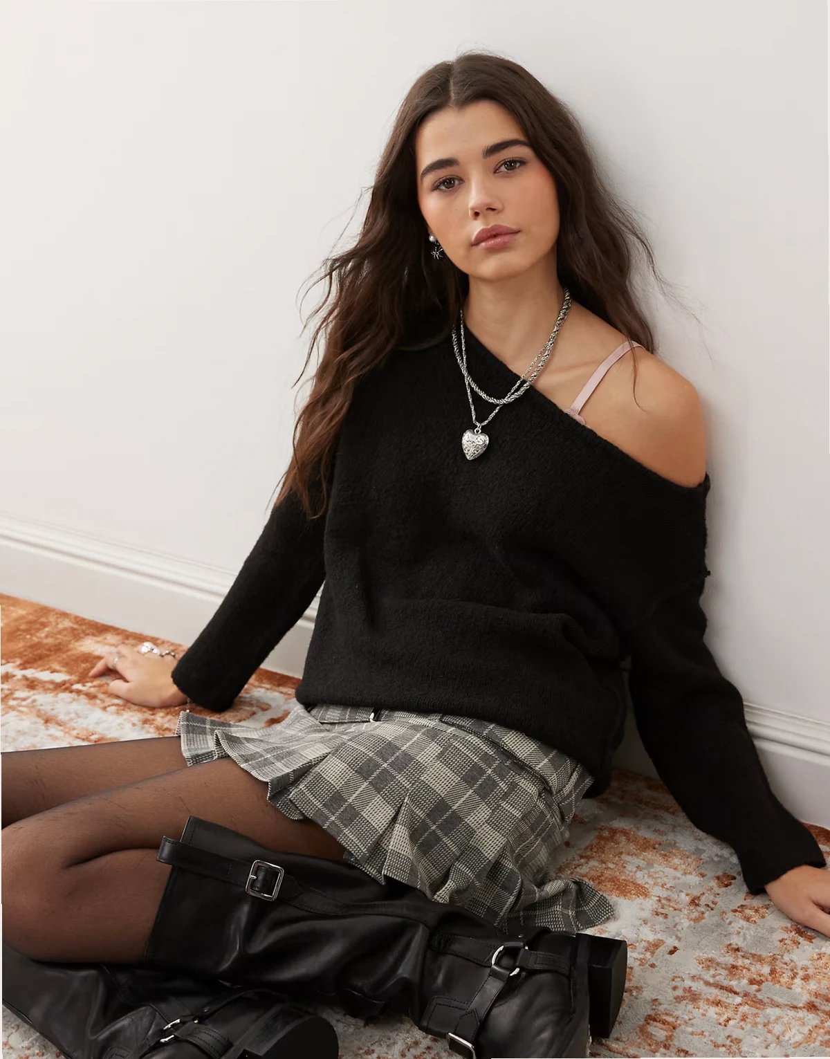 asymmetric off the shoulder slouchy cozy knit sweater in black